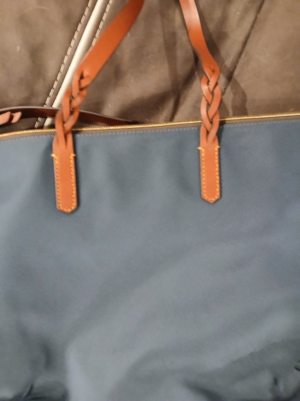 Dooney & Bourke Navy Tote with Braided Tan Leather Handles
